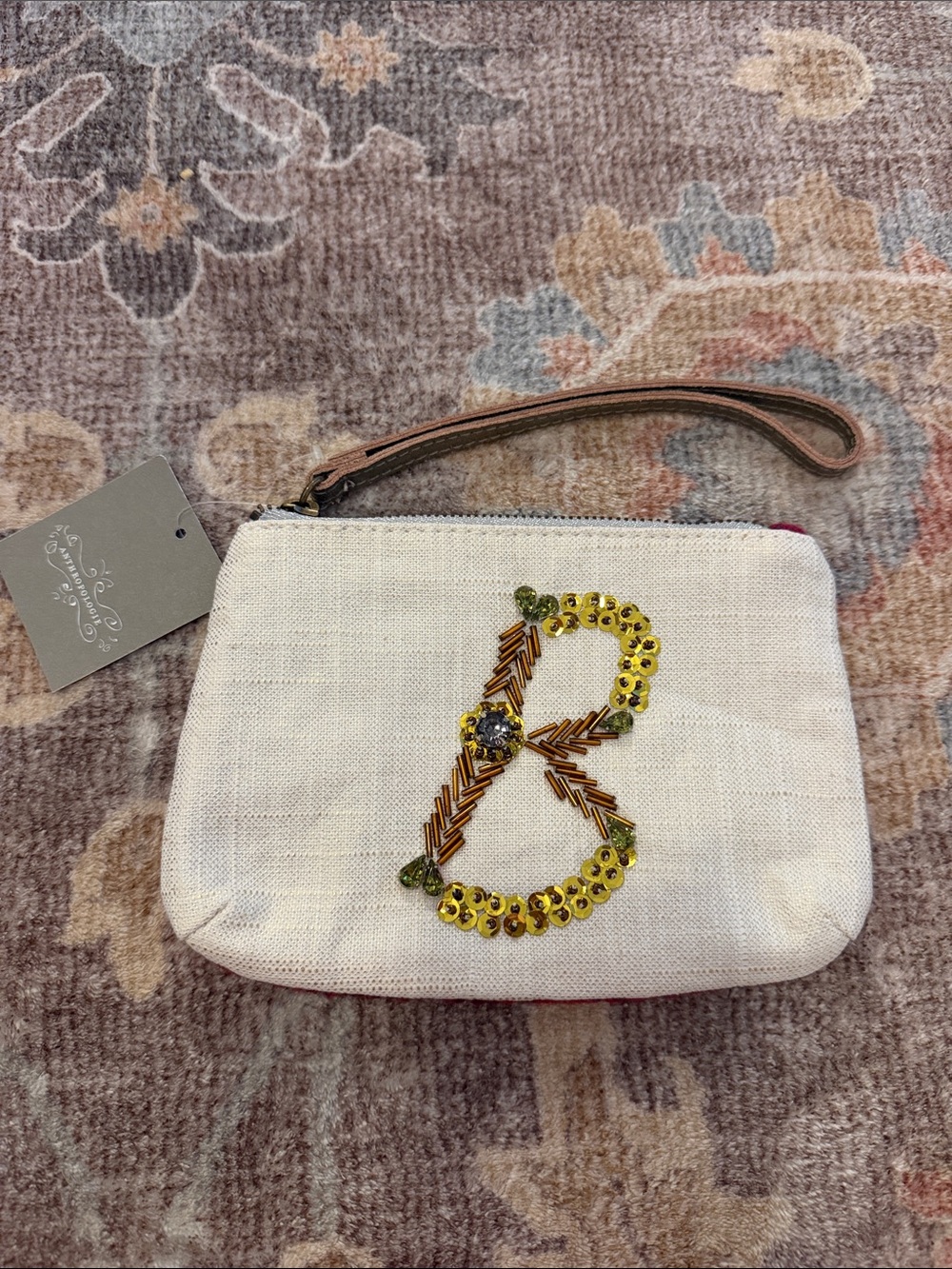 Anthropologie Beaded Initial Wristlet Pouch in Ivory- “B”- NWT!